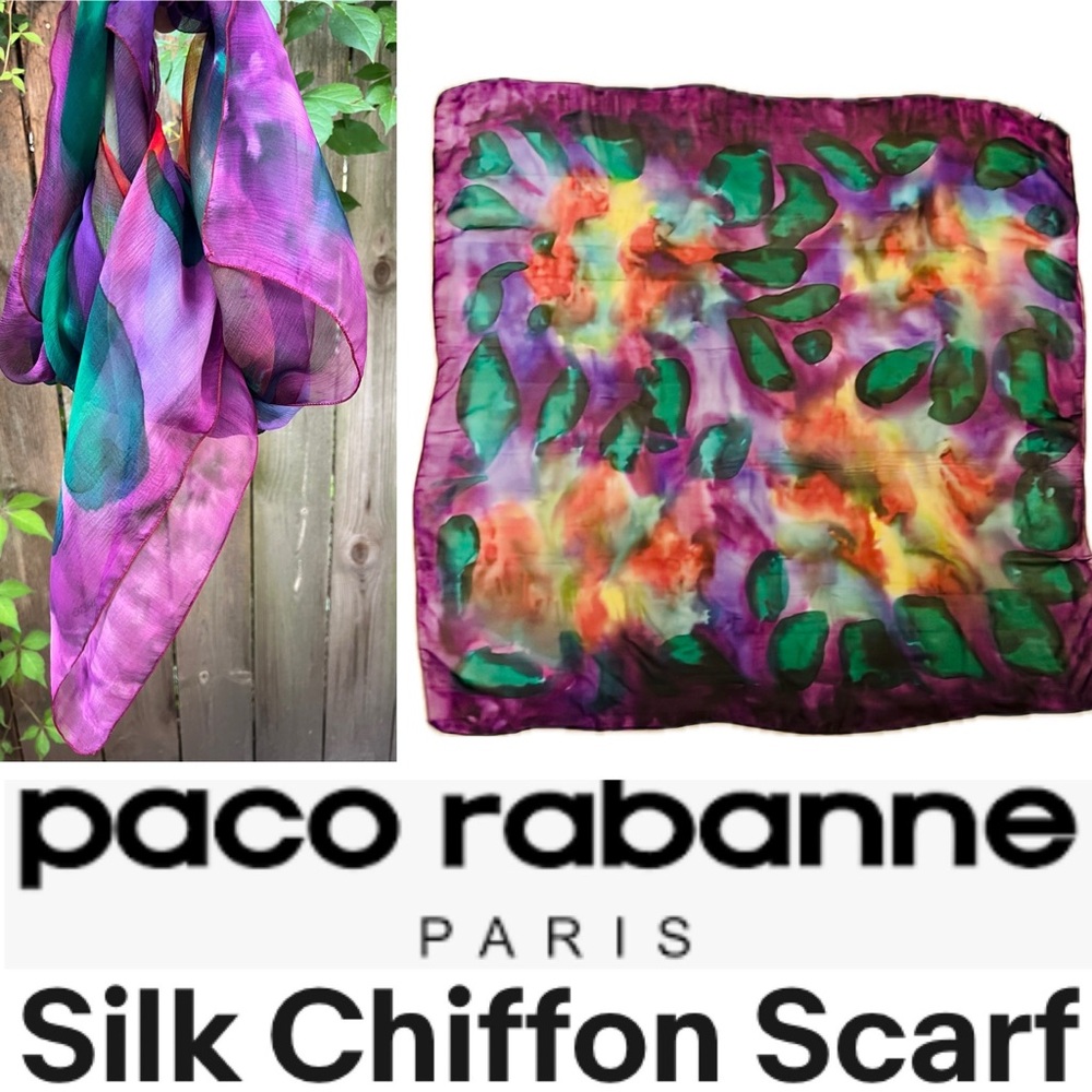 🎨Silk Chiffon Vibrant Multicolor Abstract Scarf by Paco Rabanne Paris | 42“ Sq